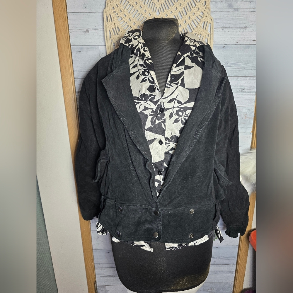 Vtg 80's Black Leather Suede Cropped Bomber Jacket